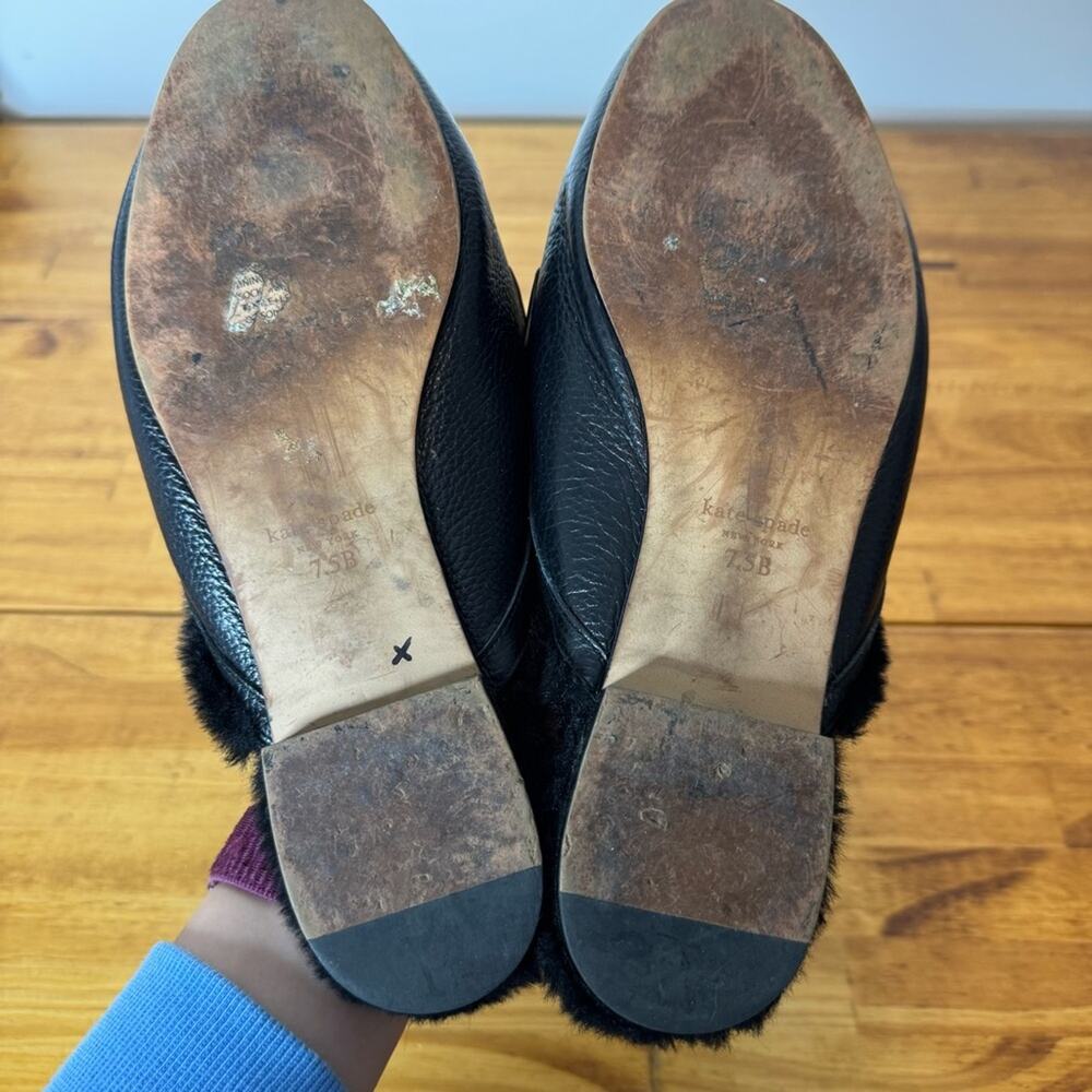 Kate Spade Caelyn Black Leather Faux Fur Lined Slip On Mules Flats Size 7.5 - Picture 4 of 7